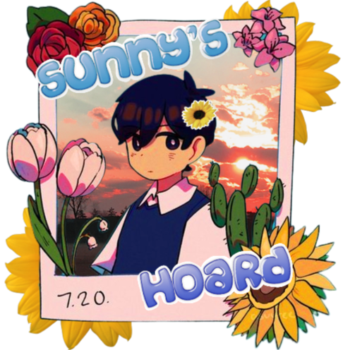 a polaroid of sunny from omori standing in front of a sunrise, surrounded by flowers. art credit: @asuuree on twitter, edited by me.